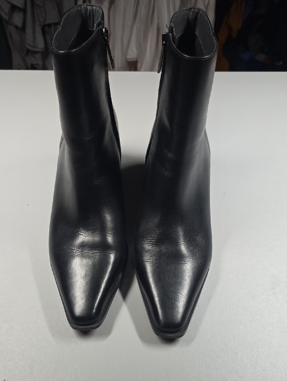 Franco Sarto Sleek Black Leather Pointed Ankle Boots